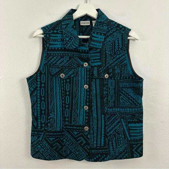 Jackets & Blazers - Chico's Abstract Blue/Black Button Up Vest Women's Size 1M ...
